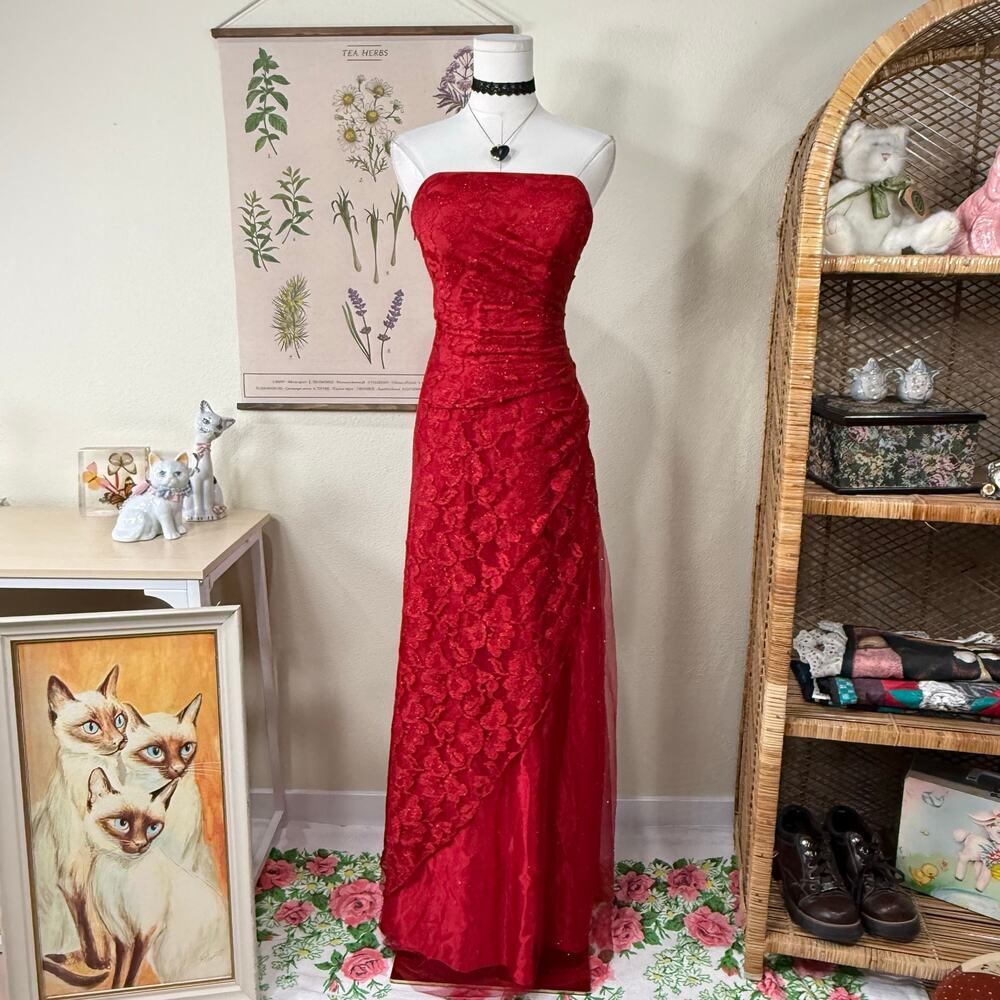 90s Y2k Glitter Floral Mesh Strapless Formal Dress Romantic Goth Sexy Glam XS